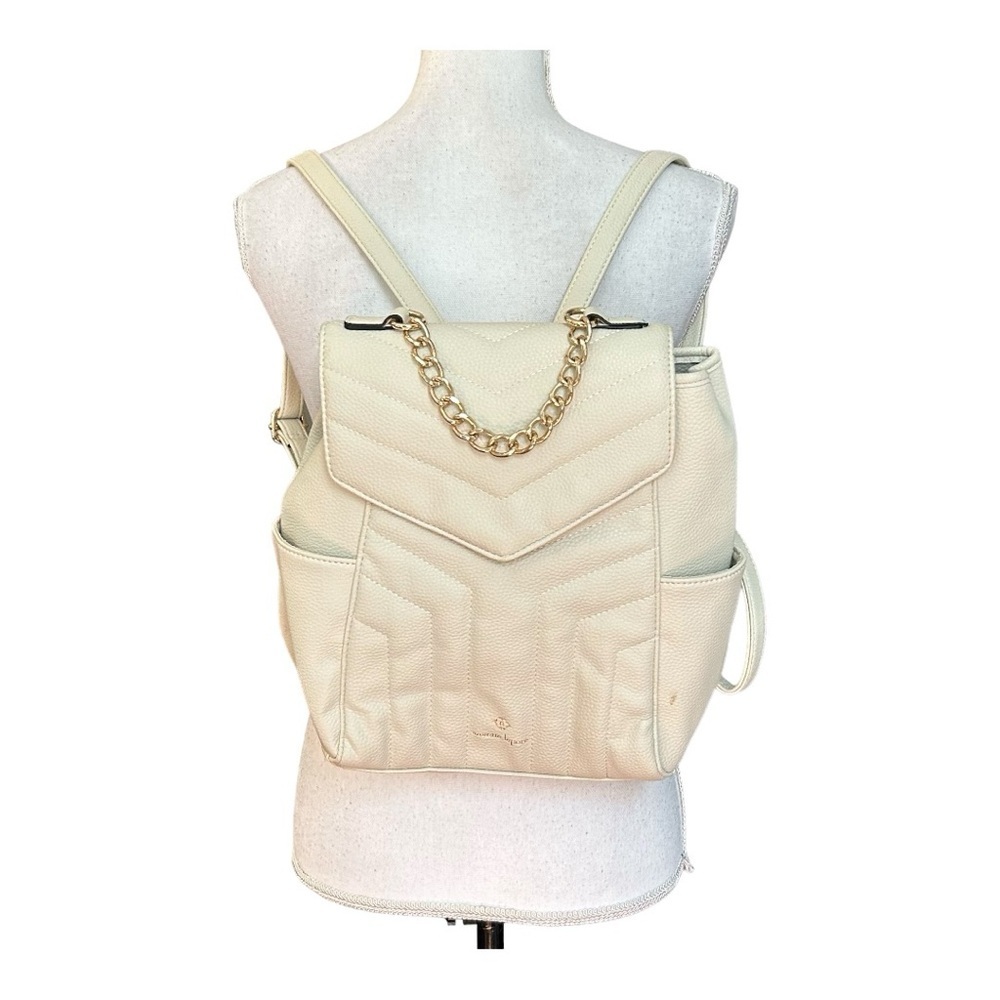 Nanette Lepore Faux Leather Quilted Small Backpack Purse Cream Travel School